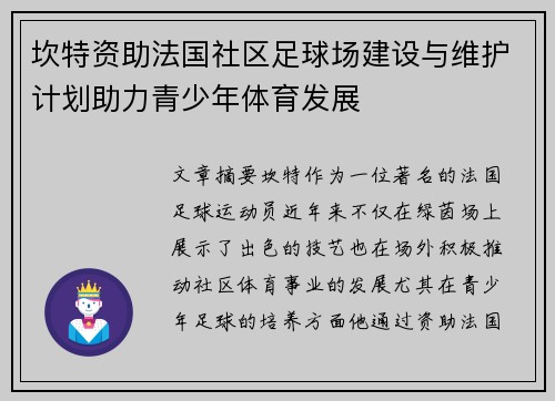 坎特资助法国社区足球场建设与维护计划助力青少年体育发展