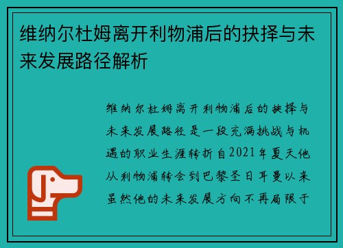 维纳尔杜姆离开利物浦后的抉择与未来发展路径解析 维纳尔杜姆离开利物浦后的抉择与未来发展路径解析